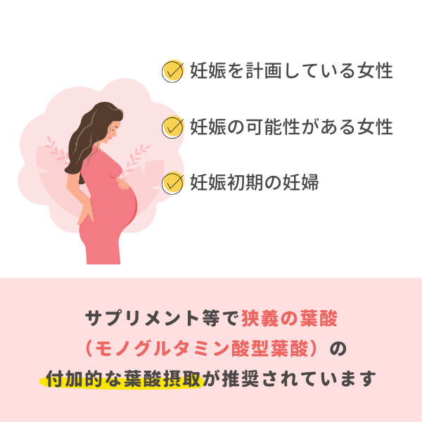 妊娠を計画している女性、妊娠の可能性がある女性及び妊娠初期の妊婦には、サプリメント等で狭義の葉酸（モノグルタミン酸型葉酸）の付加的な葉酸摂取が推奨されています